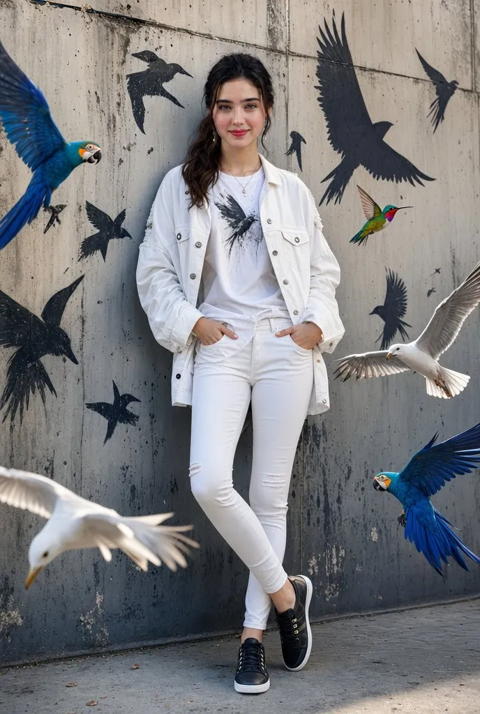 Vibrant Birds & Urban Fashion Portrait - Photography, City, Portrait - AI Generated Image