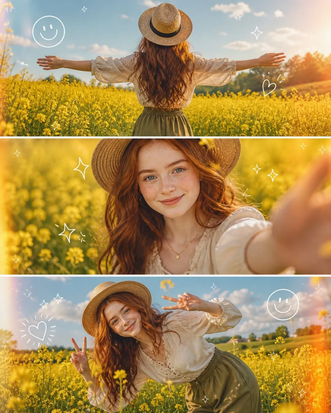 Dreamy Golden Flower Field 3-Panel Portrait - Photography, Storyboard, Portrait - AI Generated Image