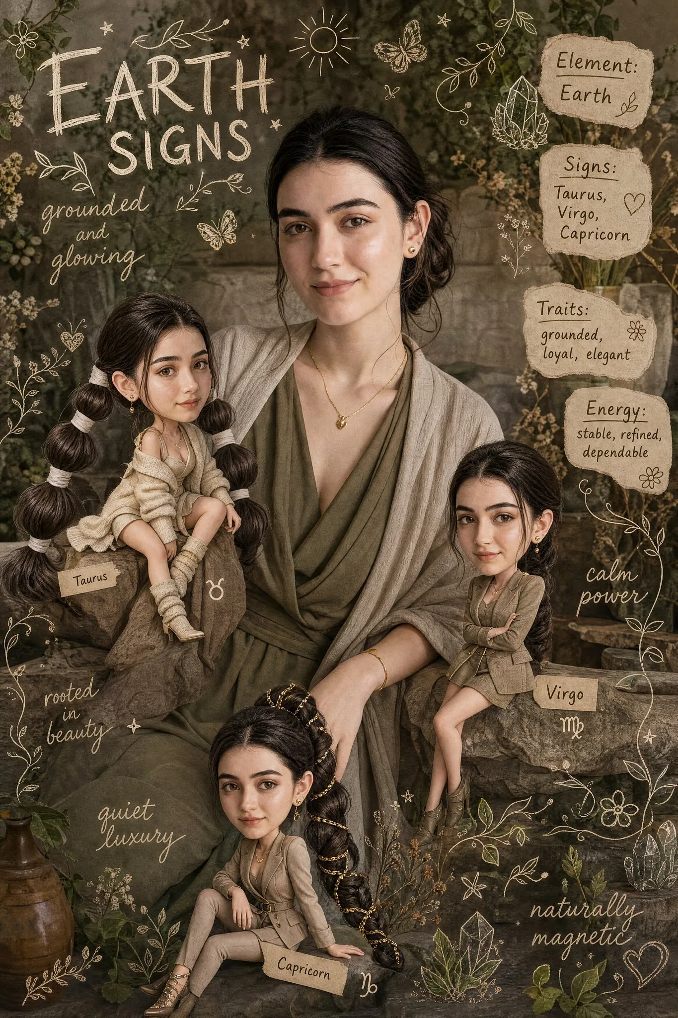 Earthy Elemental Goddess Portrait with Chibi Minis - Photography, Storyboard, Portrait - AI Generated Image