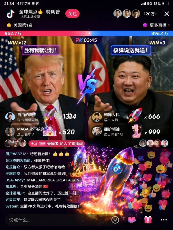 Viral Trump vs Kim Jong-un TikTok PK Screenshot - Livestream, Interface - AI Generated Image
