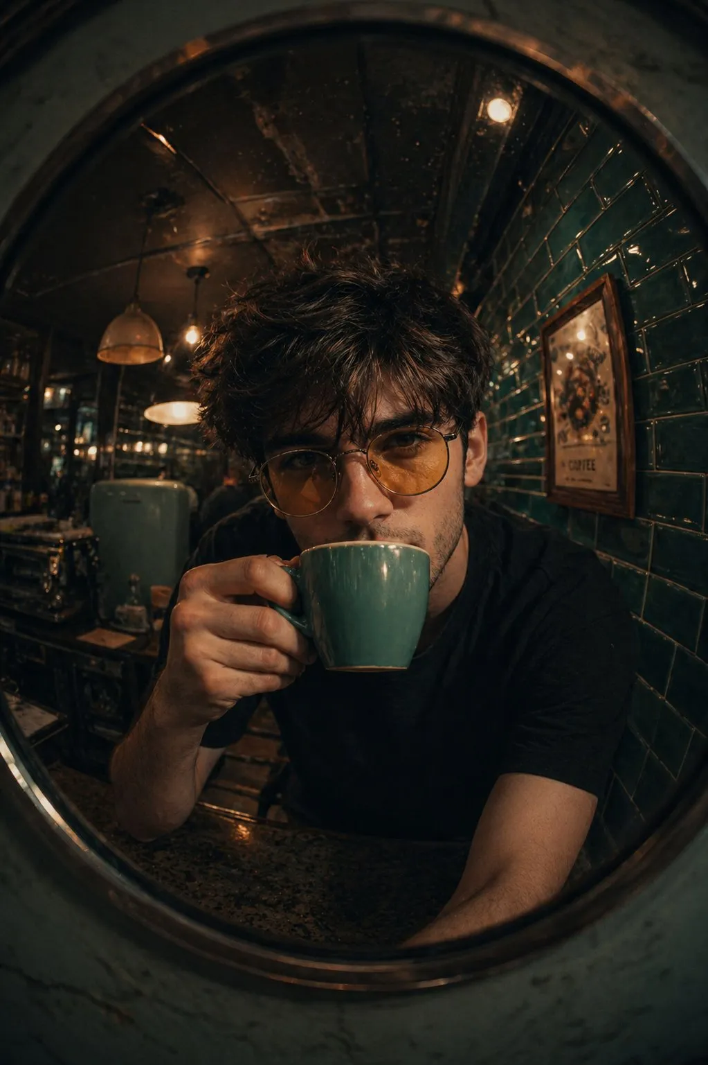 Retro Fish-Eye Coffee Mug Cafe Portrait - Photography, History, Animal - AI Generated Image