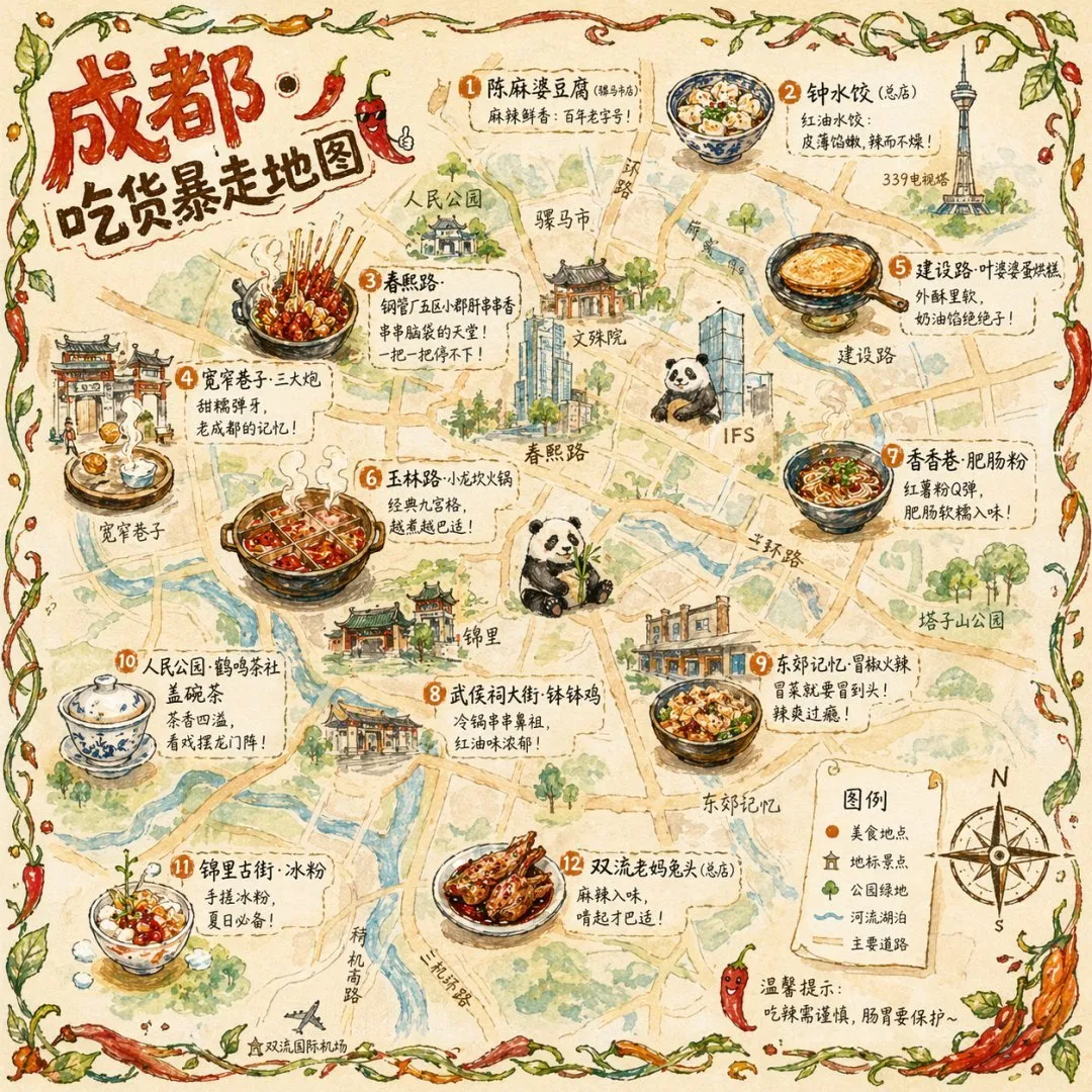 Watercolor Chengdu Food Adventure Map - City, Food, History - AI Generated Image
