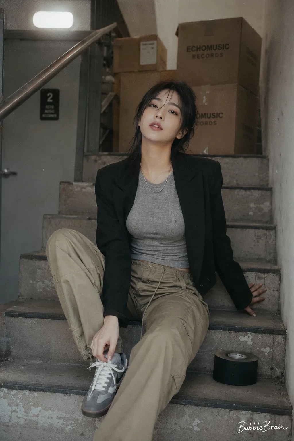 Cinematic Korean Idol Stairwell Portrait - Photography, Portrait, Storyboard - AI Generated Image