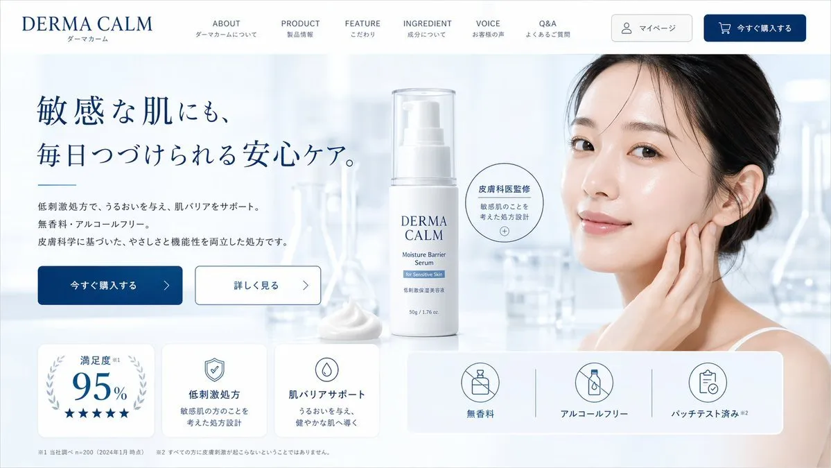 Derma Calm Sensitive Skincare Landing Page - Icon, Product, Typography - AI Generated Image