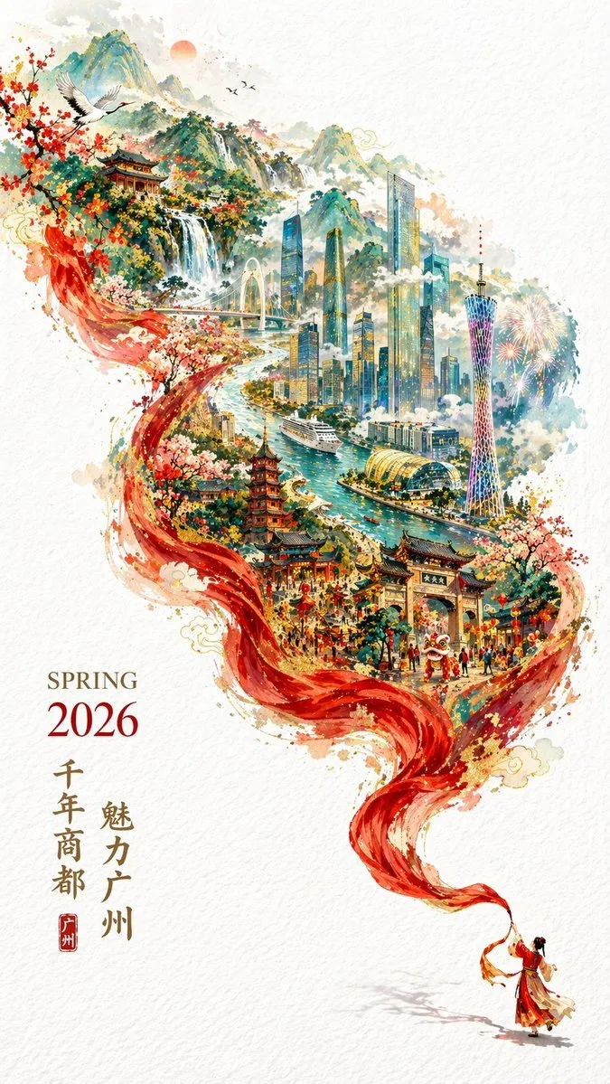 Elegant 2026 Guangzhou Spring Festival Poster - Landscape, City, Typography - AI Generated Image