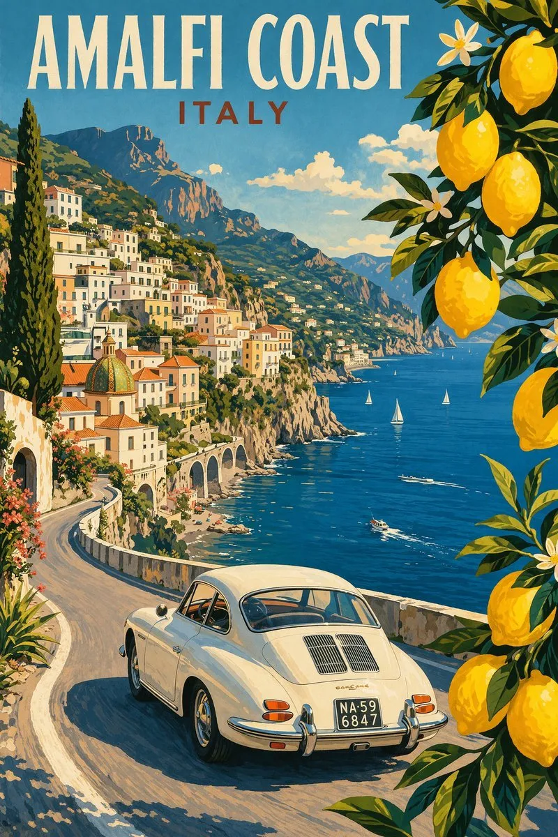 Vibrant Amalfi Coast Vintage Travel Poster - Landscape, Art, History - AI Generated Image
