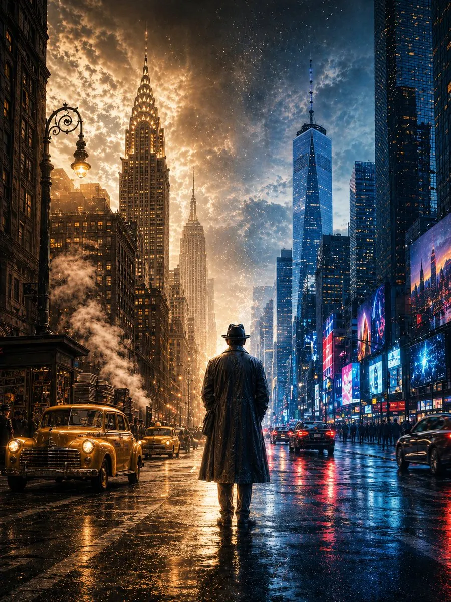 Cinematic and Vintage Headwear in Urban Setting - Poster Design, Vintage, Texture - AI Generated Image