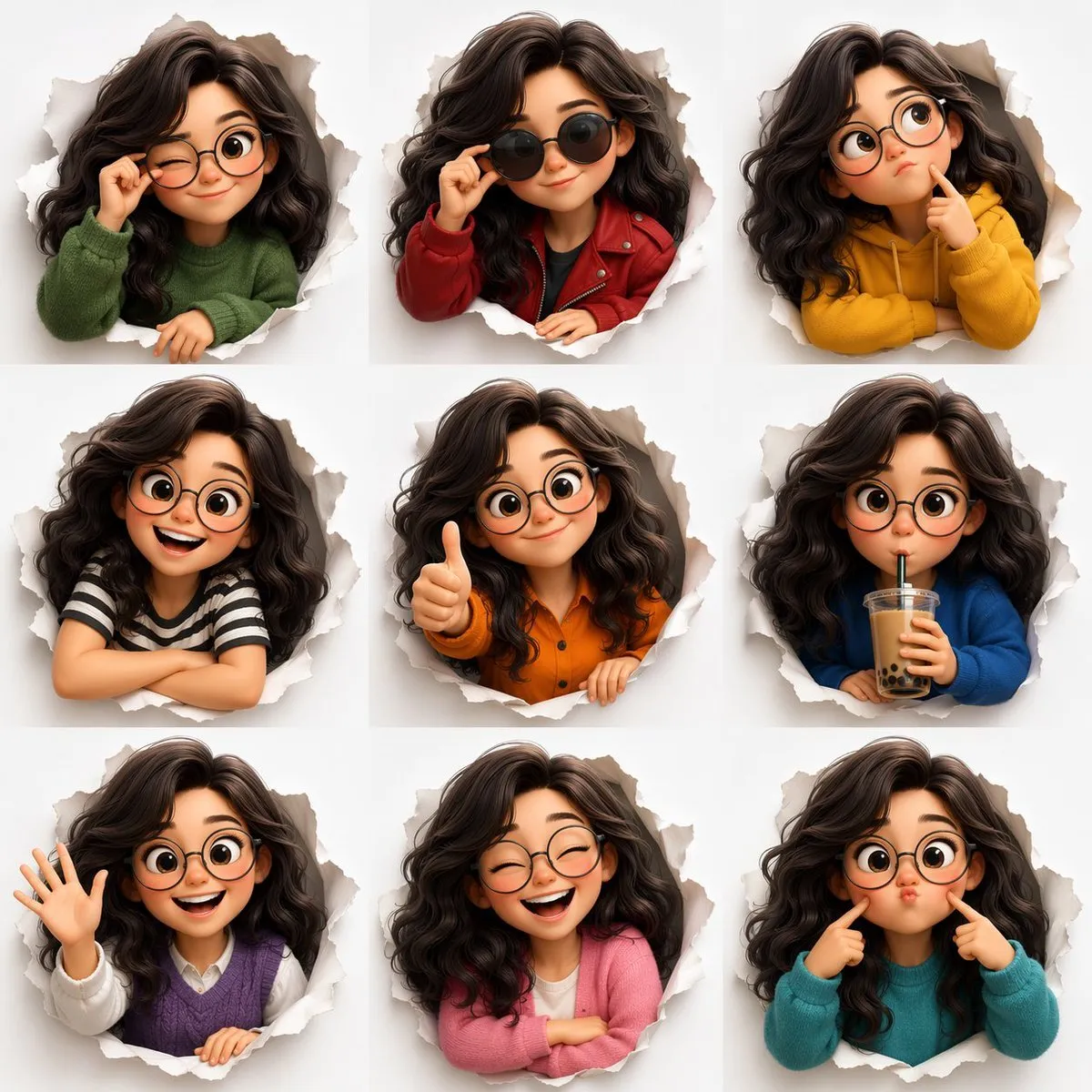 Pixar-style 3D Character Expression Sheet - Portrait, Anime, Food - AI Generated Image
