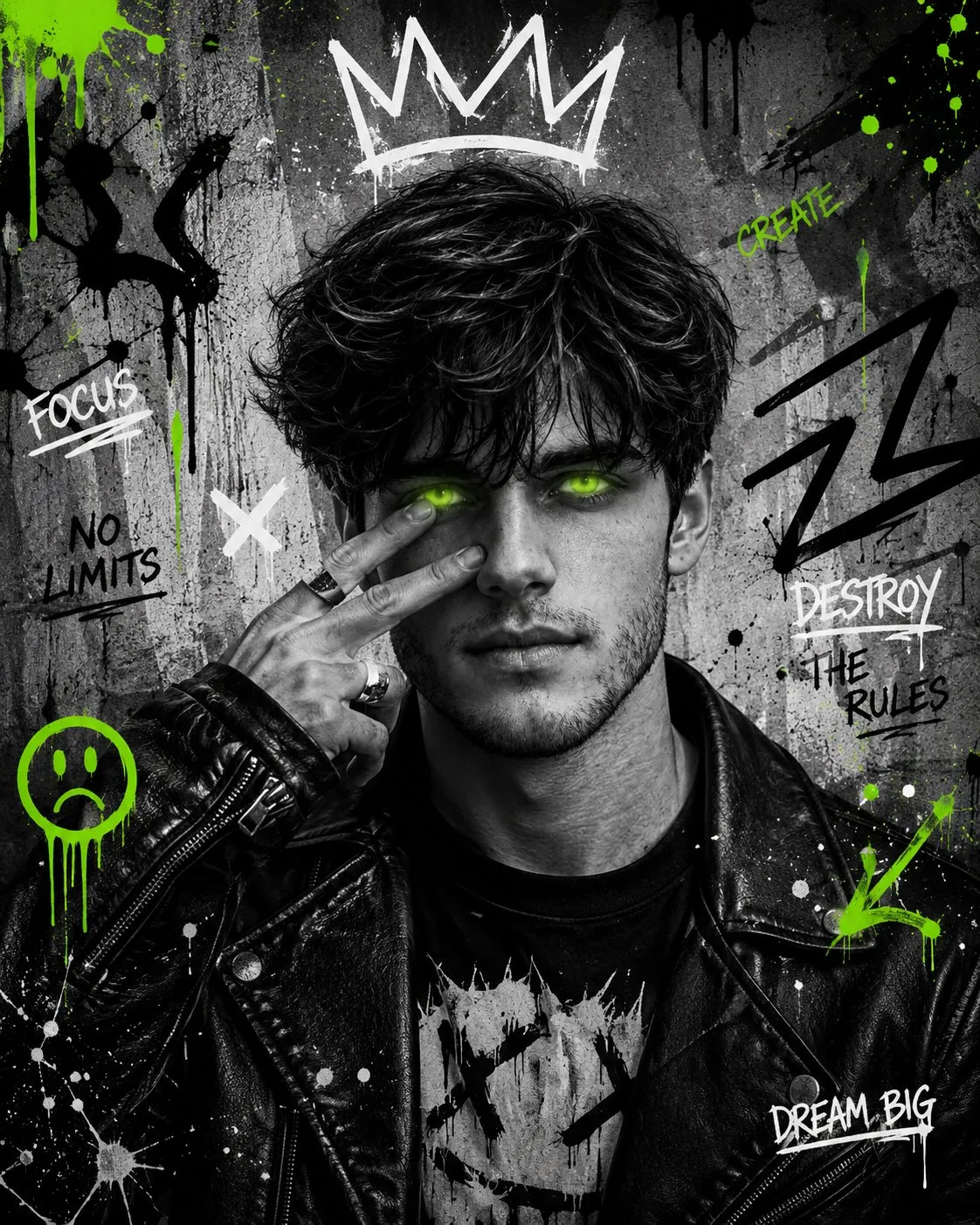 Edgy Neon-Eyed Urban Graffiti Portrait - Portrait, City, Art - AI Generated Image