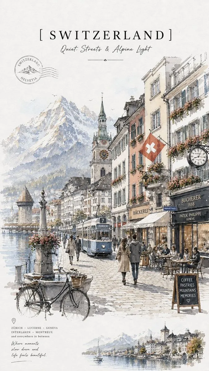 Poster Switzerland Watercolor Travel Poster - Poster Design, Portrait Photography - AI Generated Image