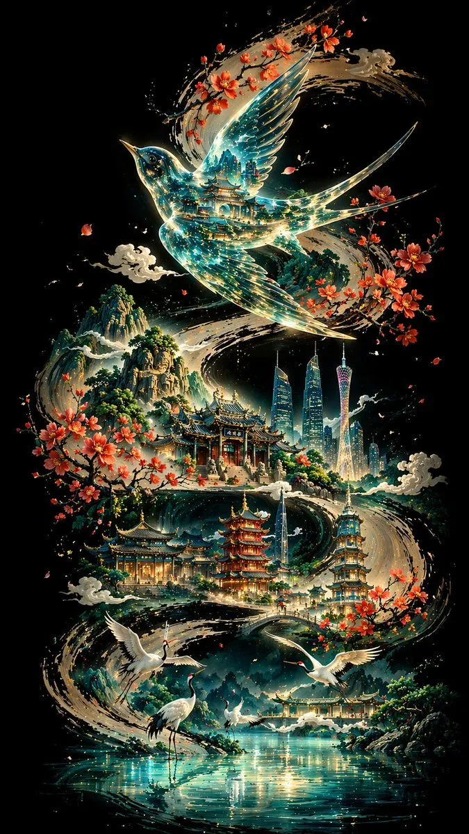Ethereal Glass Bird Over Guangzhou Landmarks - City, Landscape, Abstract - AI Generated Image