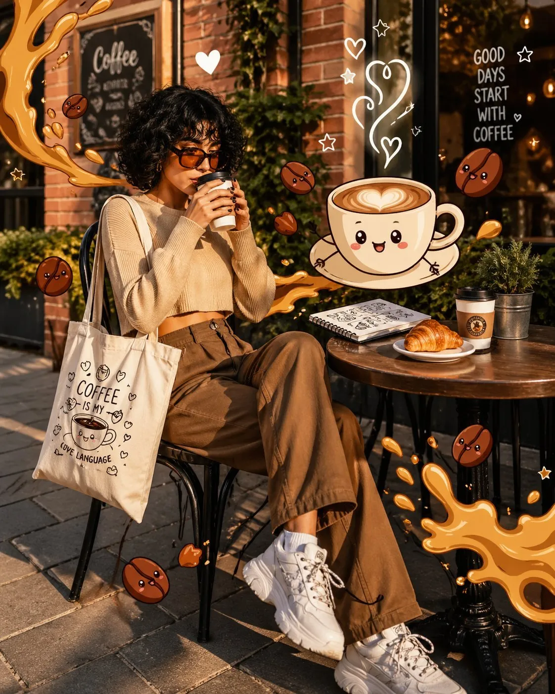 Playful Coffee Girl with Cartoon Overlay Portrait - Food, Art, Anime - AI Generated Image
