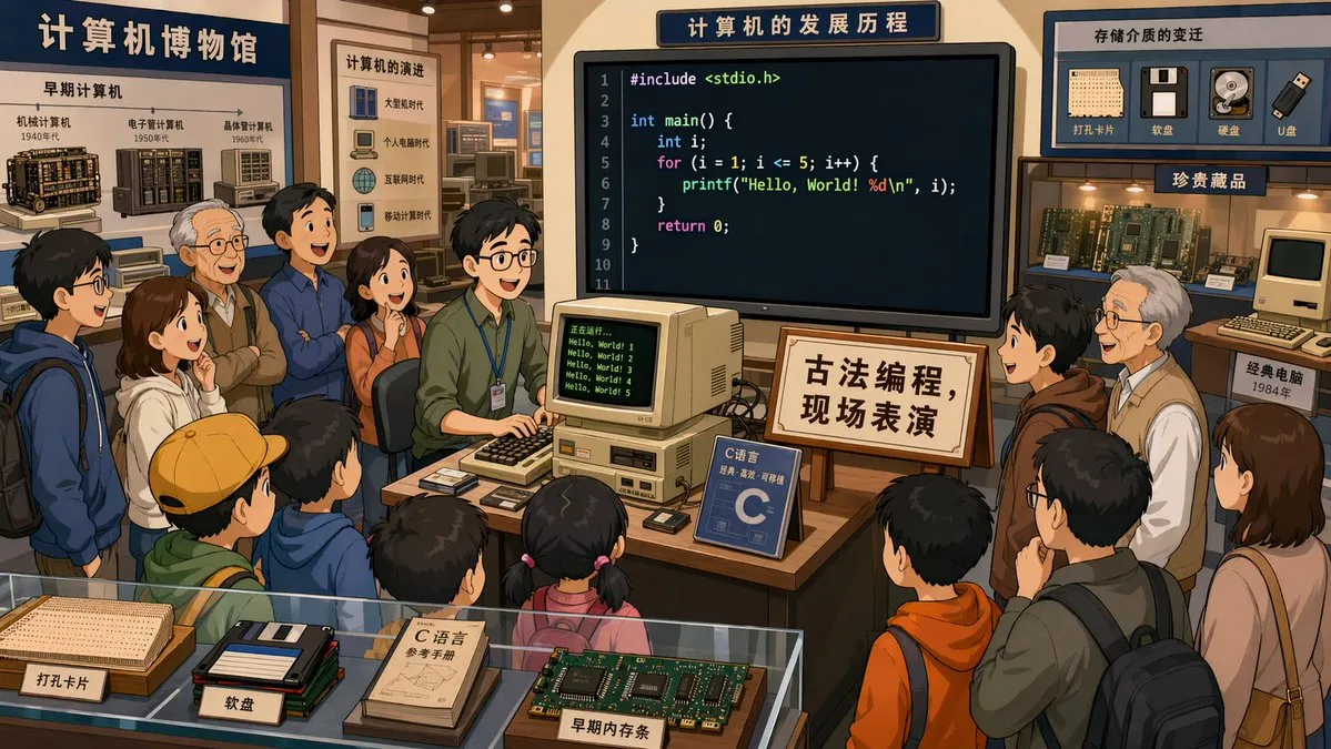 Creative Retro Programming Museum Cartoon Design - Flat Illustration, Creative Composite - AI Generated Image