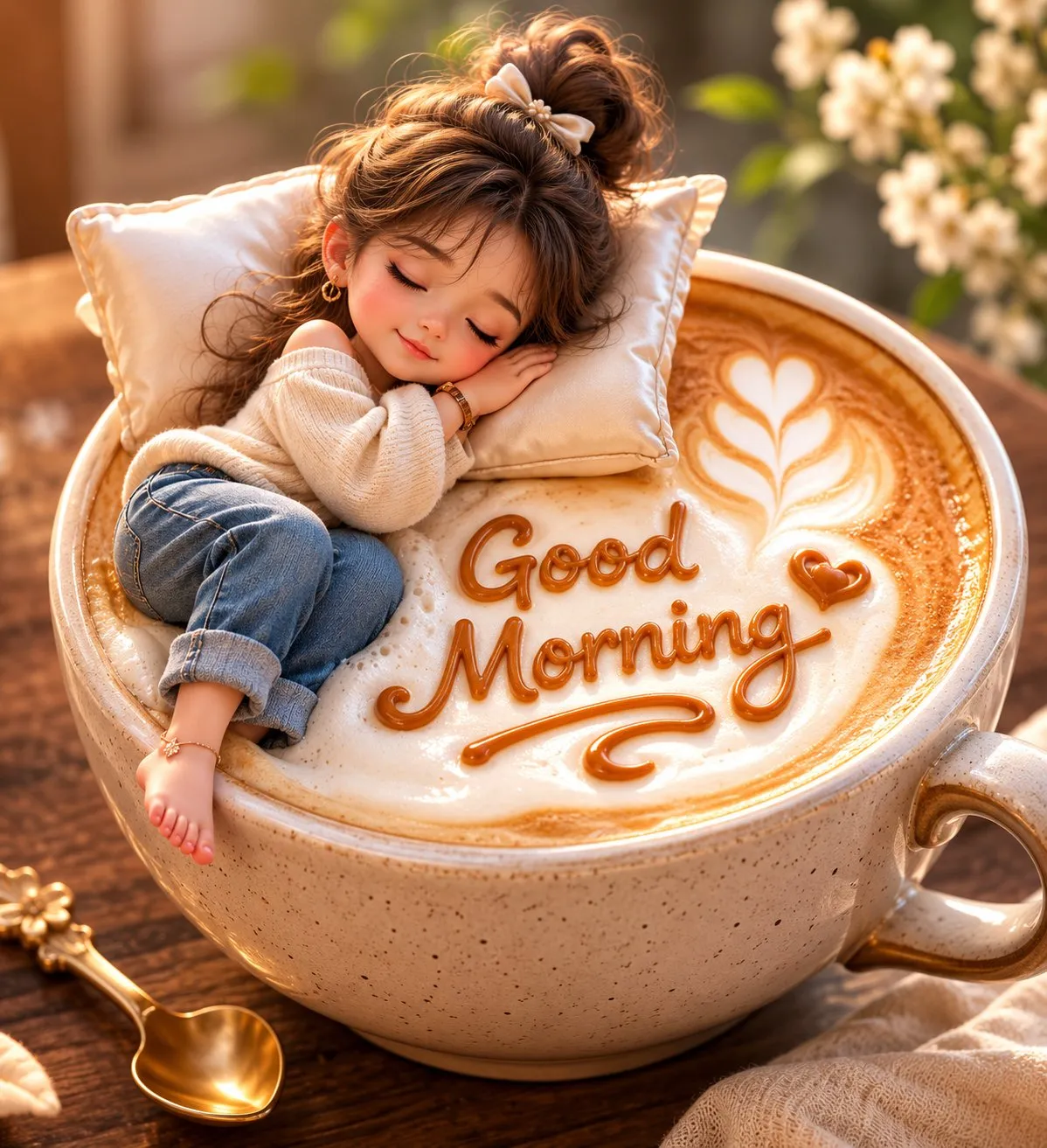 Adorable Chibi Girl in Latte Cup Art - Abstract, Portrait, Typography - AI Generated Image