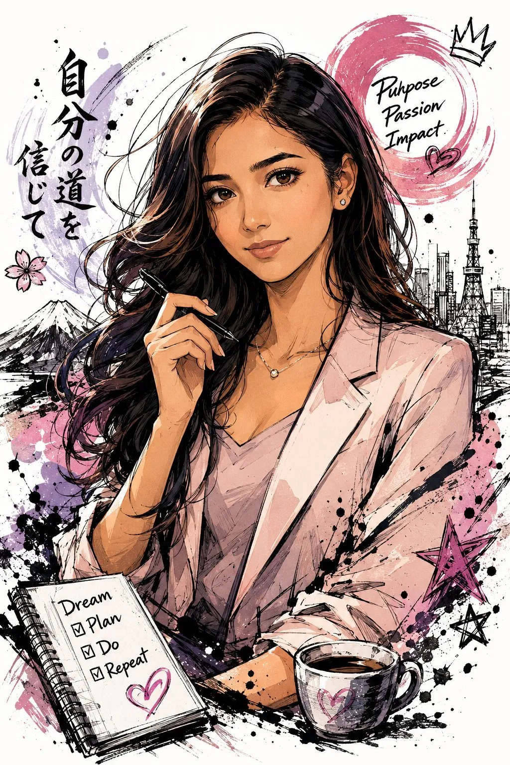 Expressive Japanese-Style Illustrated Self-Portrait - Art, Abstract, Portrait - AI Generated Image