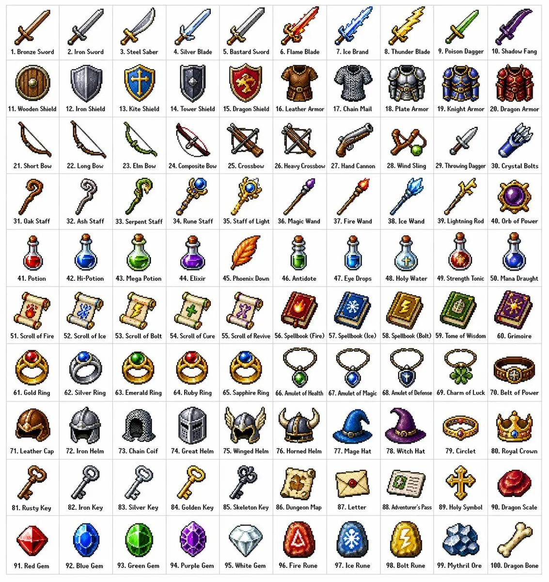 Retro Fantasy RPG 100-Item Pixel Grid - Product, Game, History - AI Generated Image