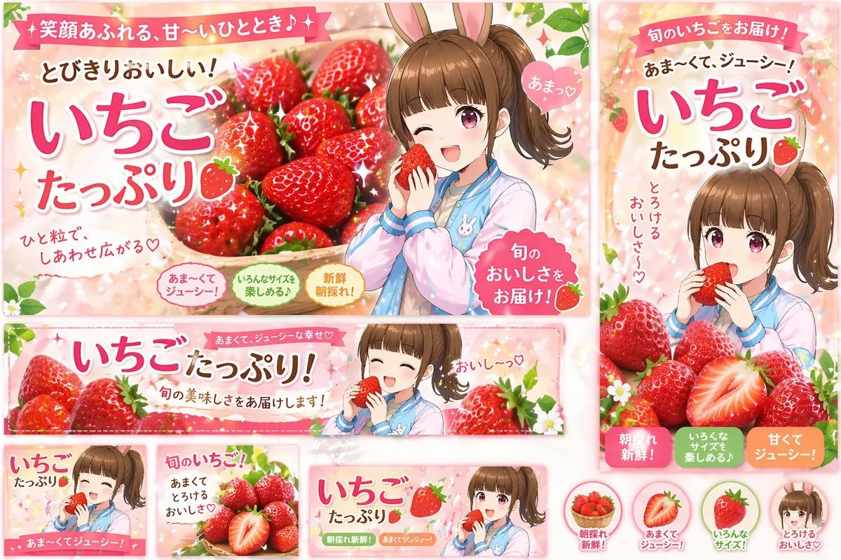 Cute Strawberry Anime Promo Banner Set - Portrait, Typography, Design - AI Generated Image