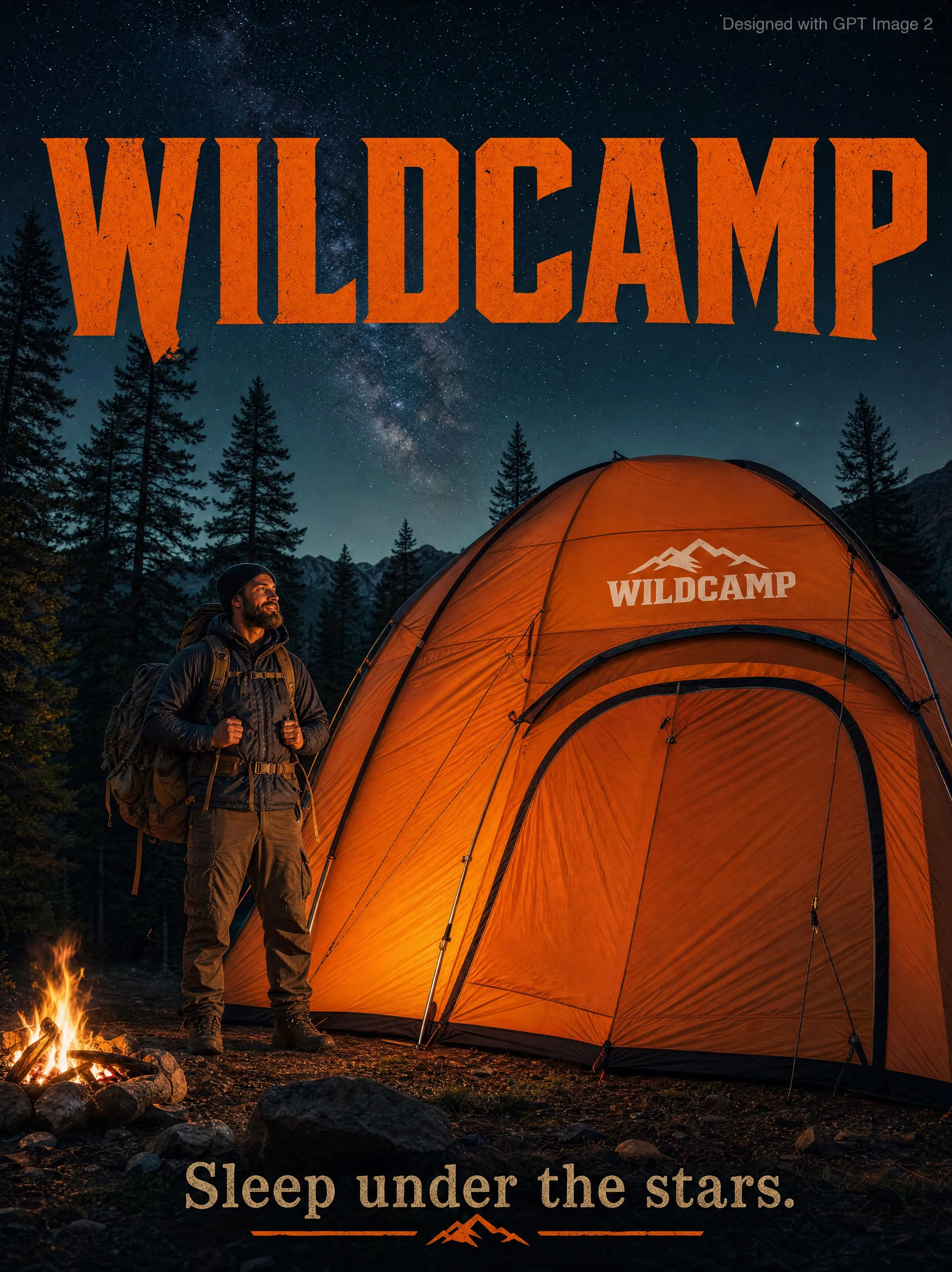 Cinematic Starry Night Camping Adventure Ad - Landscape, Typography, Photography - AI Generated Image