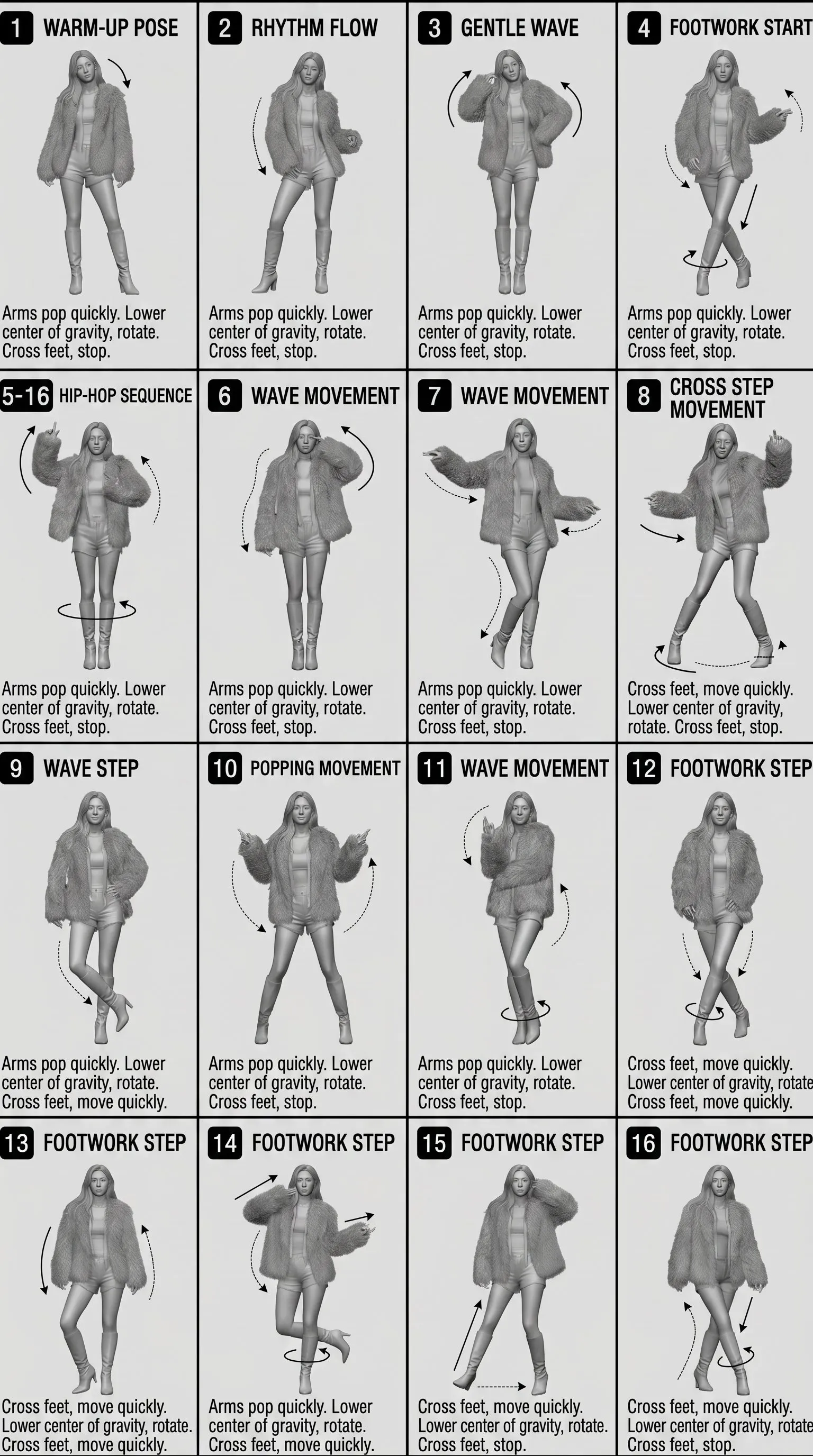 Technical 4x4 Character Pose Reference Grid - Portrait, Abstract, Art - AI Generated Image