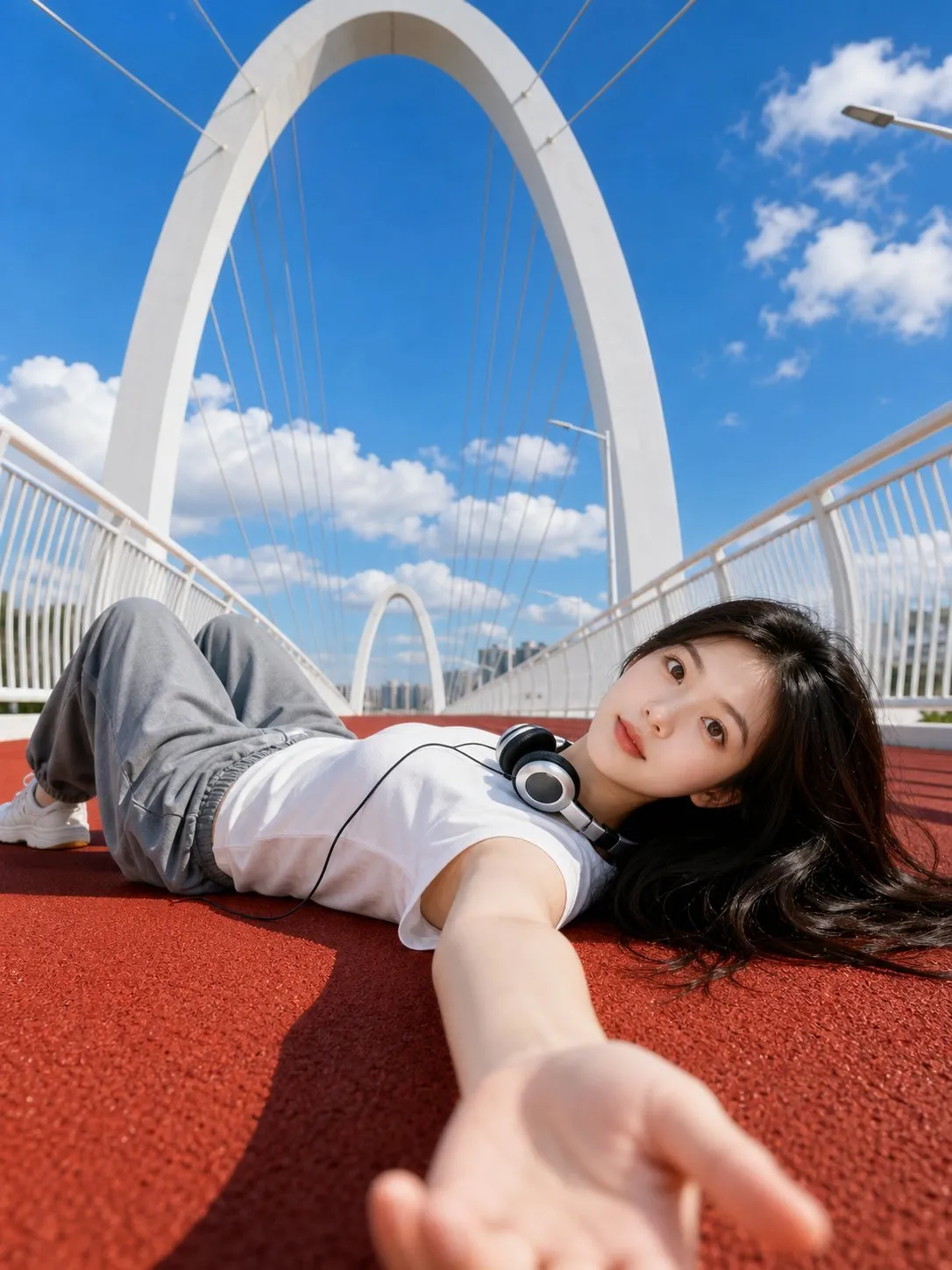 Cinematic Low-Angle Bridge Selfie Portrait - Portrait, Photography, Abstract - AI Generated Image