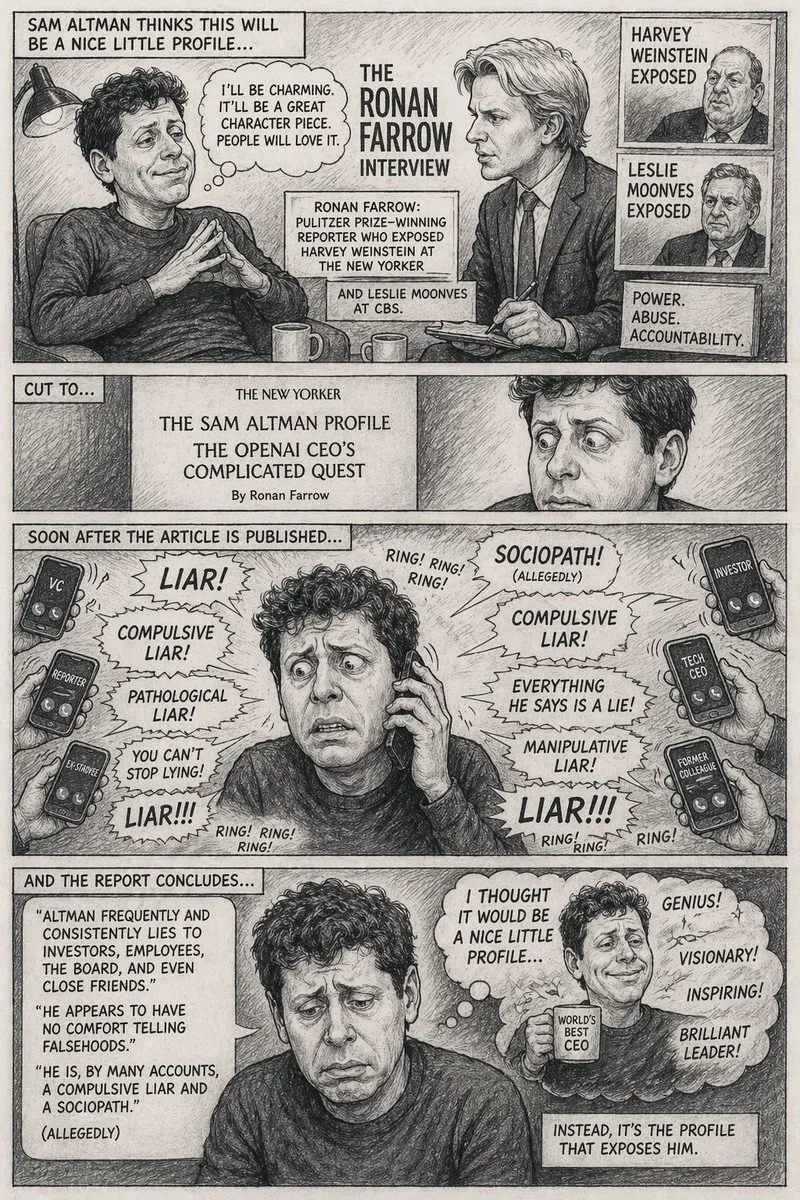 Satirical Sam Altman Interview Comic Strip - Storyboard, Typography, Portrait - AI Generated Image