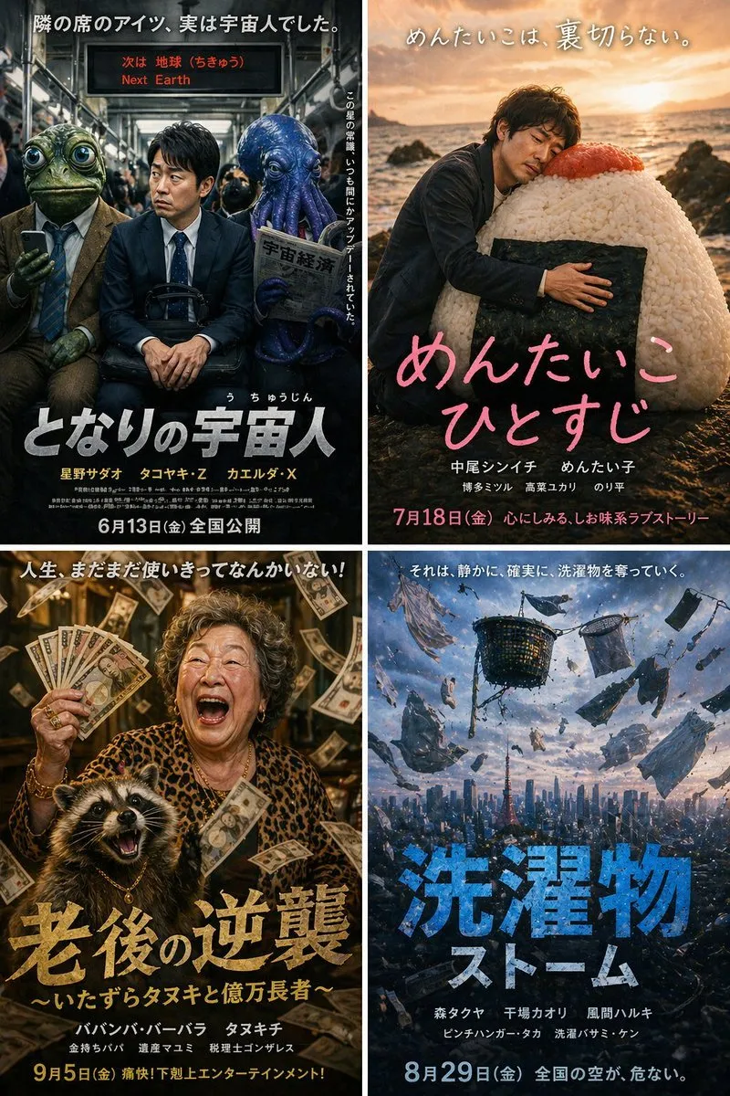 Quirky Japanese Movie Poster Collection - Typography, Portrait, Landscape - AI Generated Image