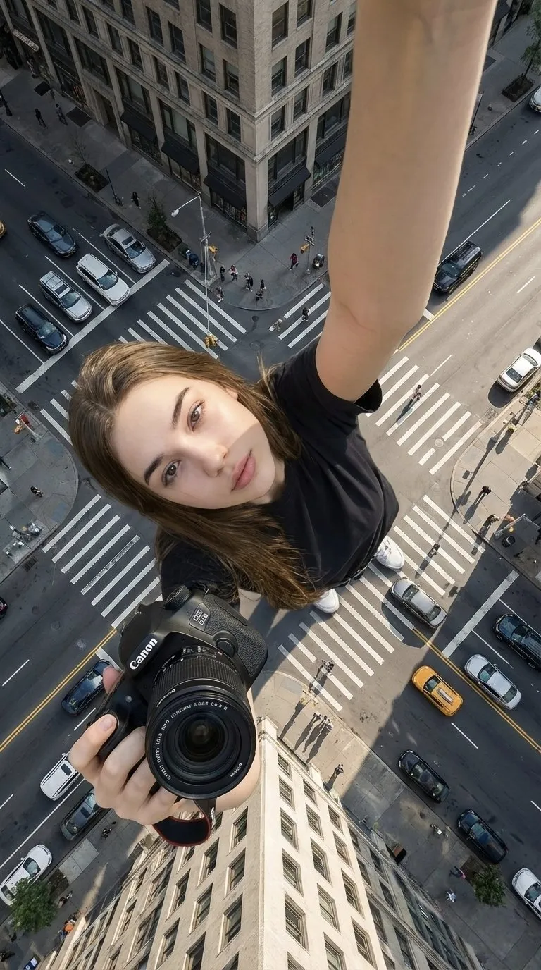 Dramatic Forced-Perspective City Selfie Portrait - Photography, Portrait, Product - AI Generated Image