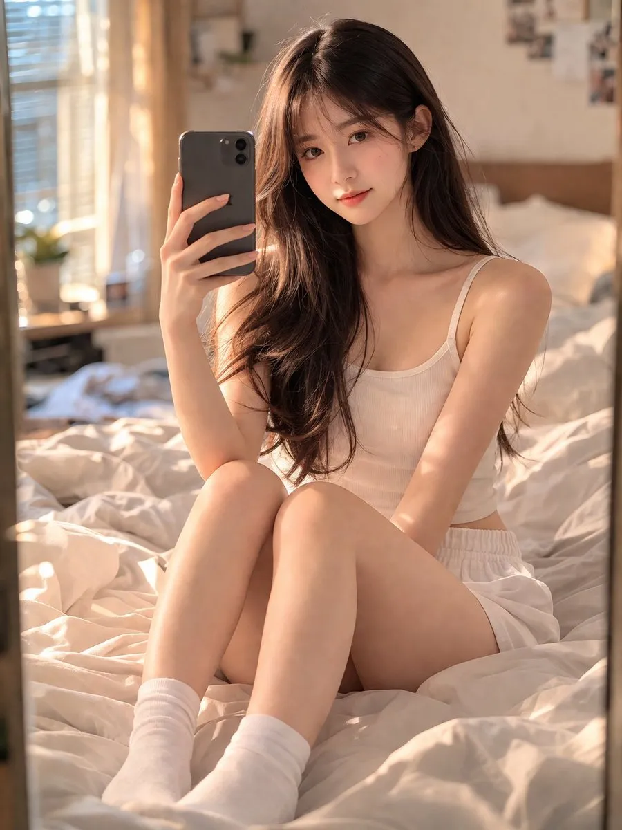 Intimate Chinese Girl Bedroom Mirror Selfie - Photography, Portrait, Anime - AI Generated Image