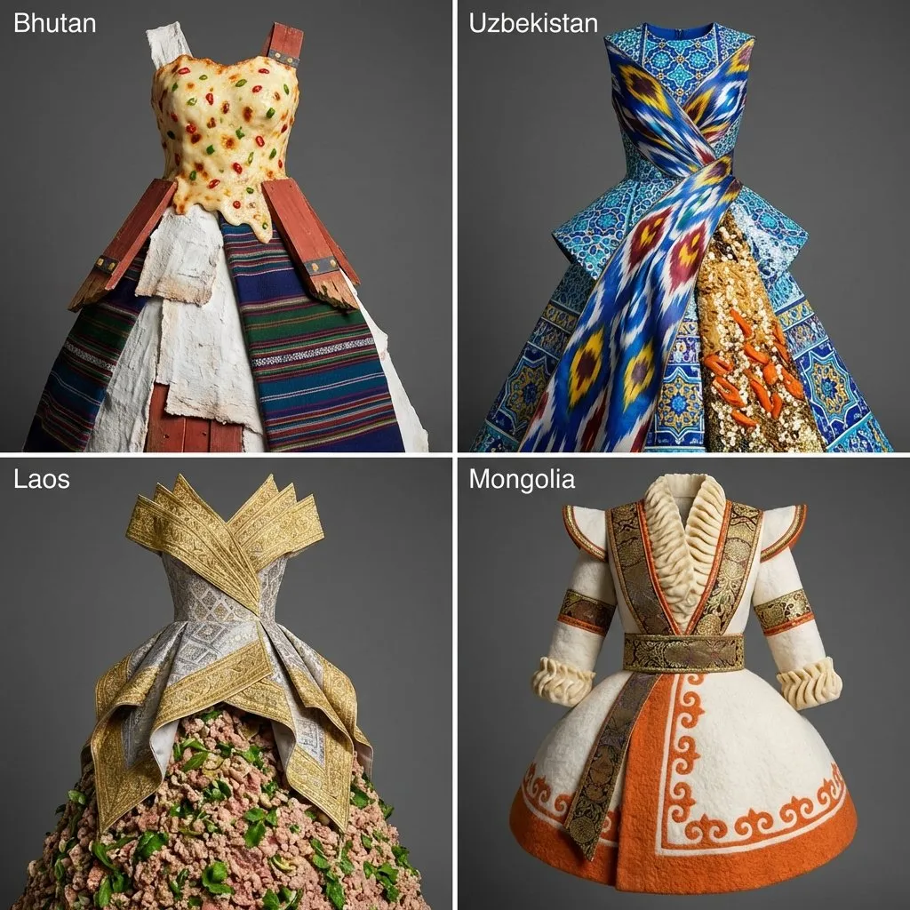 Cultural Fusion Dress Design 2x2 Grid - Abstract, City, Food - AI Generated Image