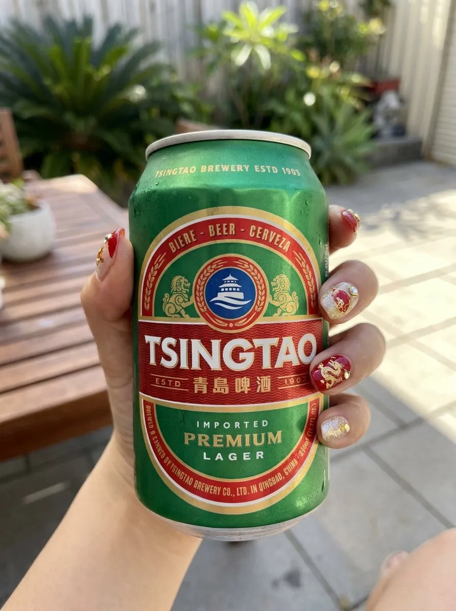 Tsingtao Beer-Inspired Designer Fashion Look - Product, Design - AI Generated Image