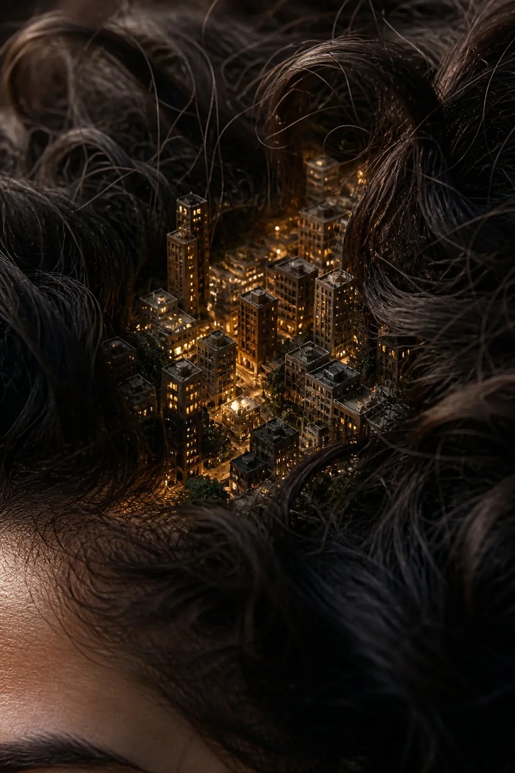 Hyper-Realistic Miniature City Hidden in Hair - Photography, Portrait, City - AI Generated Image