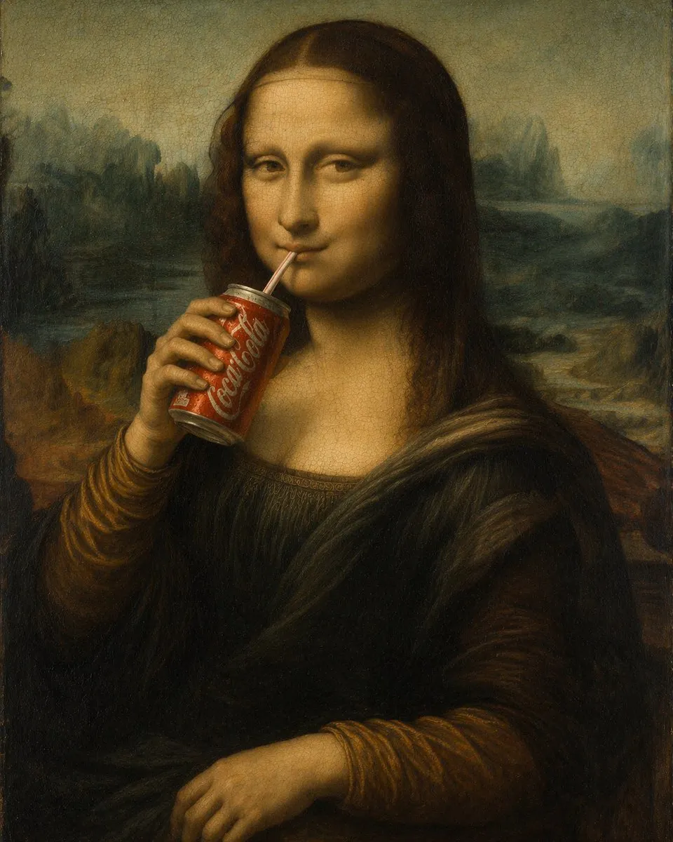 Classic Mona Lisa Drinking Cola Oil Painting - Art - AI Generated Image