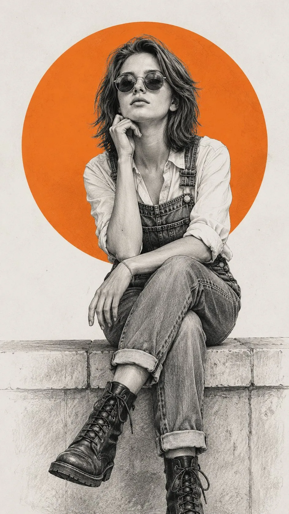 Chic Pencil-Sketch Portrait with Bold Orange Circle - Abstract, Art, Portrait - AI Generated Image