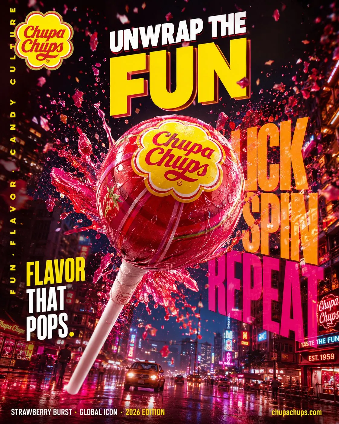Vibrant Chupa Chups Candy Billboard Explosion - Typography, Photography, Storyboard - AI Generated Image