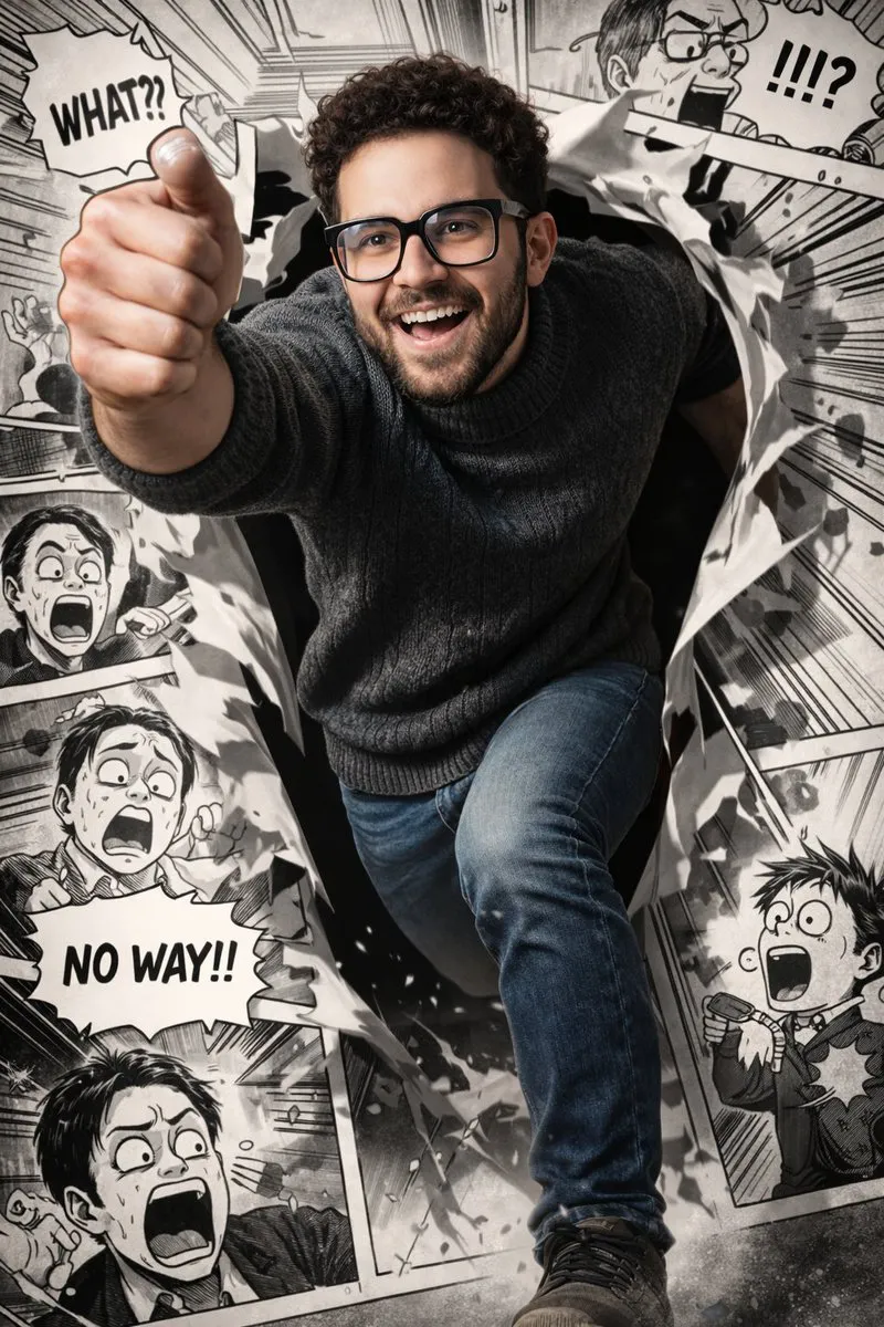 Dynamic Man Bursting Out of Manga Panels - Anime, Photography, Storyboard - AI Generated Image