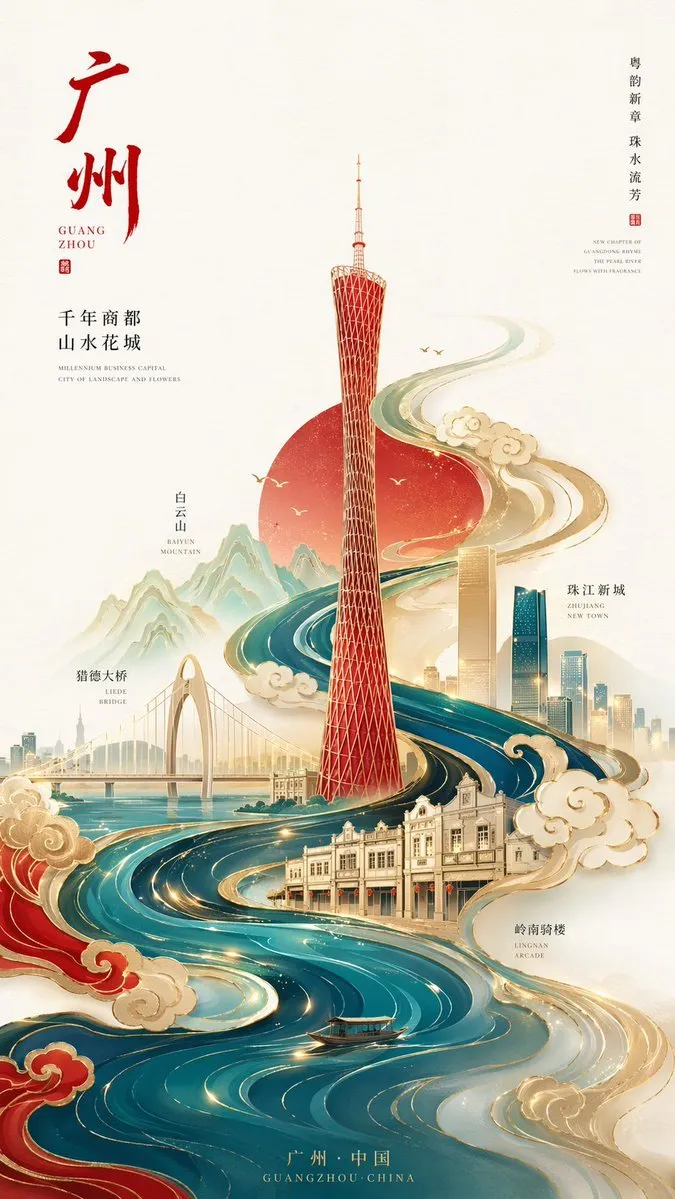 Stunning Neo-Chinese Guangzhou City Poster - Abstract, City, Landscape - AI Generated Image