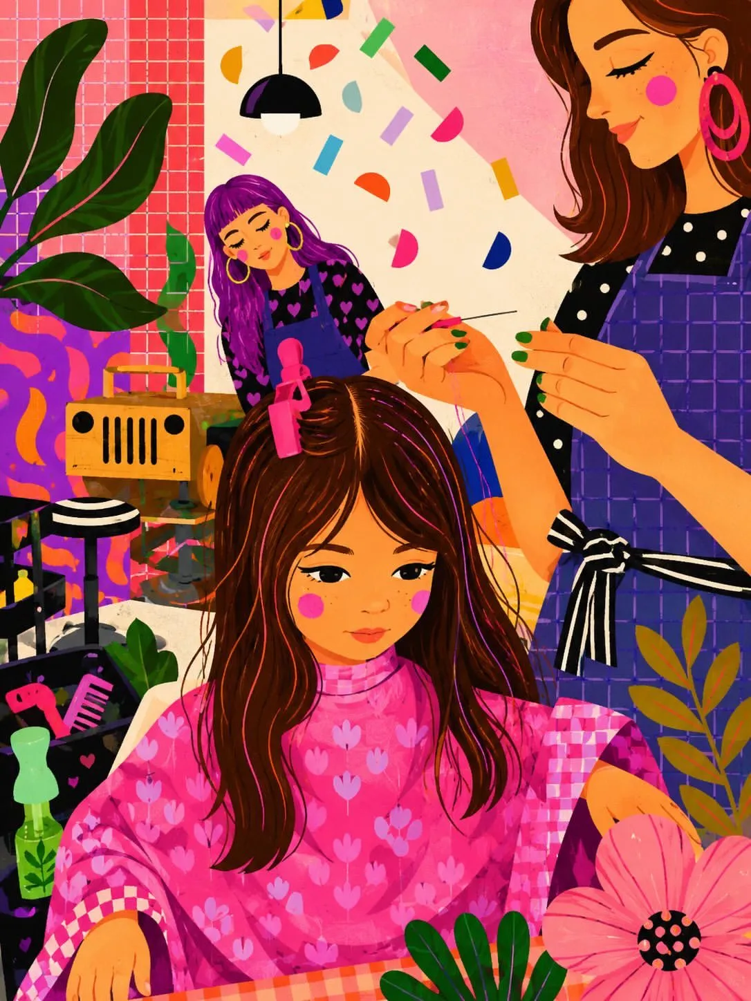 Whimsical Pastel Hair Salon Illustration - Art, Anime, Portrait - AI Generated Image