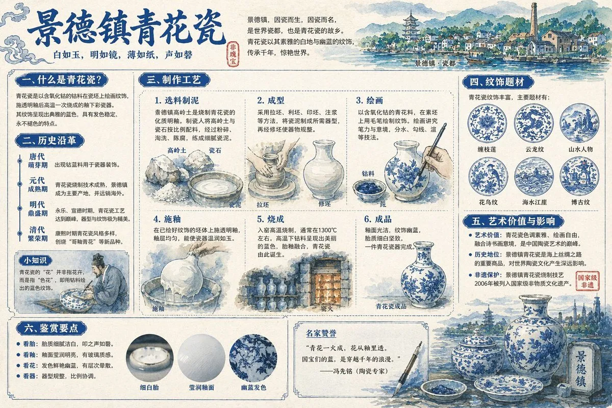 Detailed Jingdezhen Blue Porcelain Explainer - Education, Landscape, Infographic - AI Generated Image