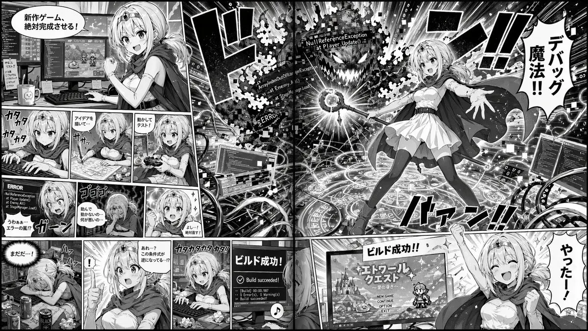 Fantasy Mage Game Dev Manga Spread - Anime, Portrait, Typography - AI Generated Image