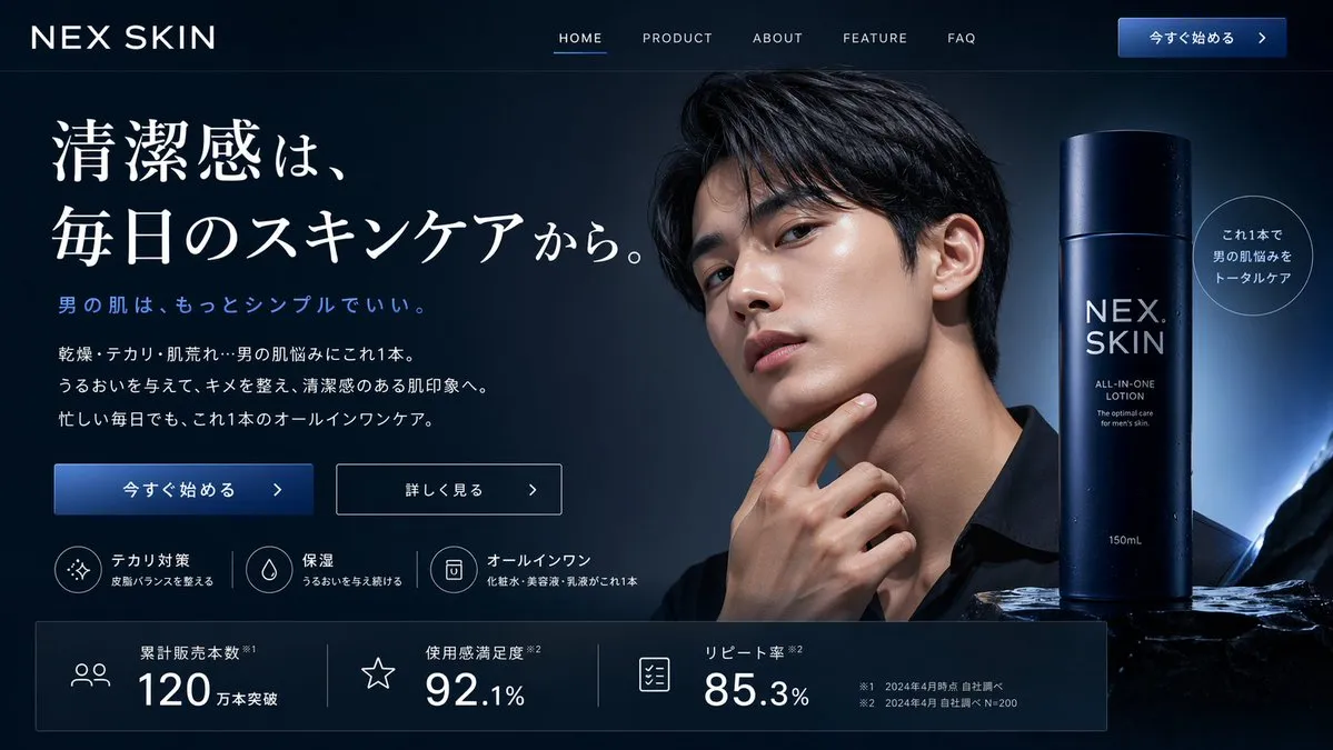 Nex Skin Men's Skincare Dark Landing Page - Icon, Typography, Product - AI Generated Image