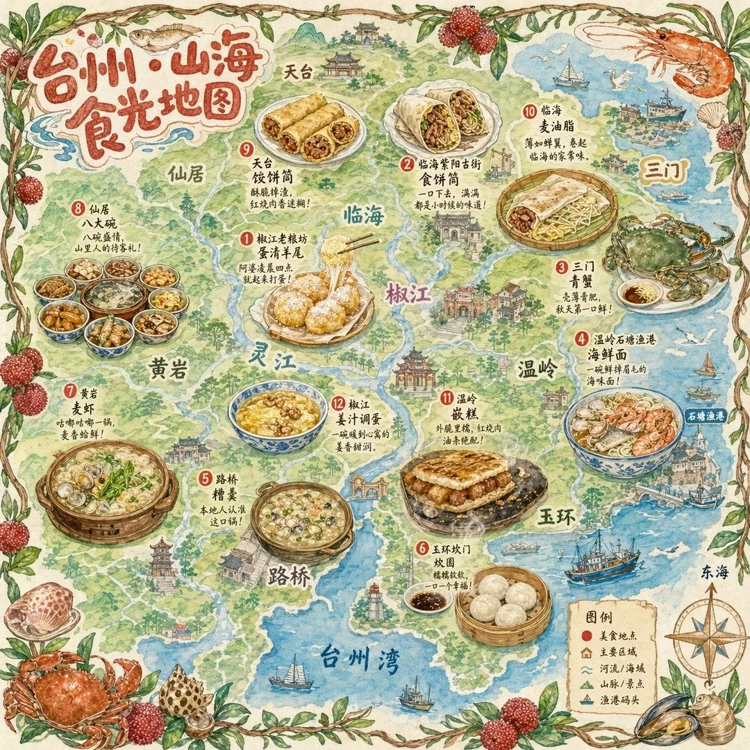 Watercolor Taizhou Seafood & Street Food Map - Landscape, Food, Animal - AI Generated Image