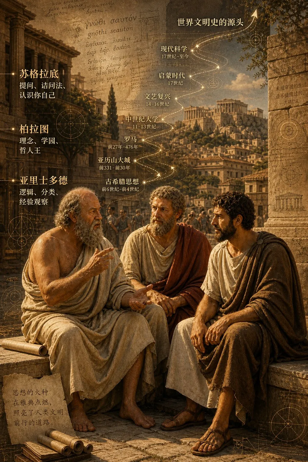 Ancient Greek Philosophers in Athens Scene - City, Abstract, History - AI Generated Image