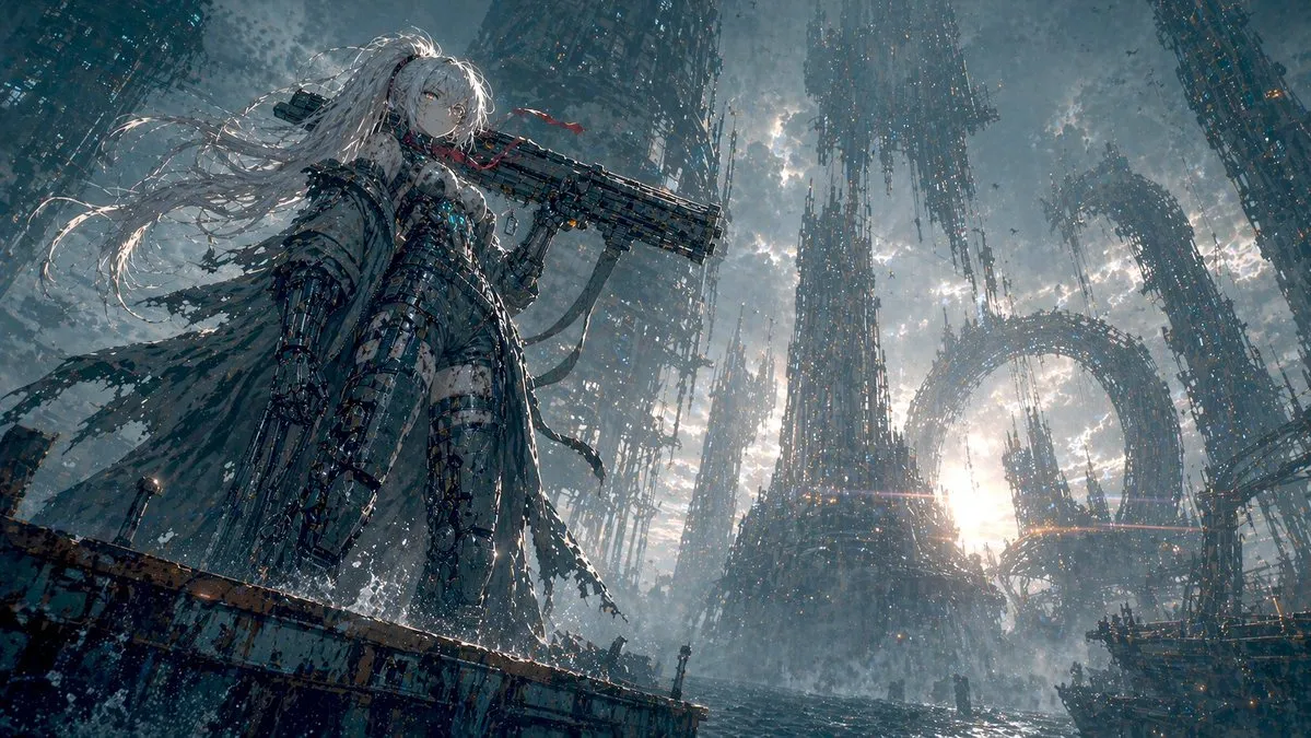 Cinematic Mecha Girl at Derelict Sea City - Landscape, City, Photography - AI Generated Image