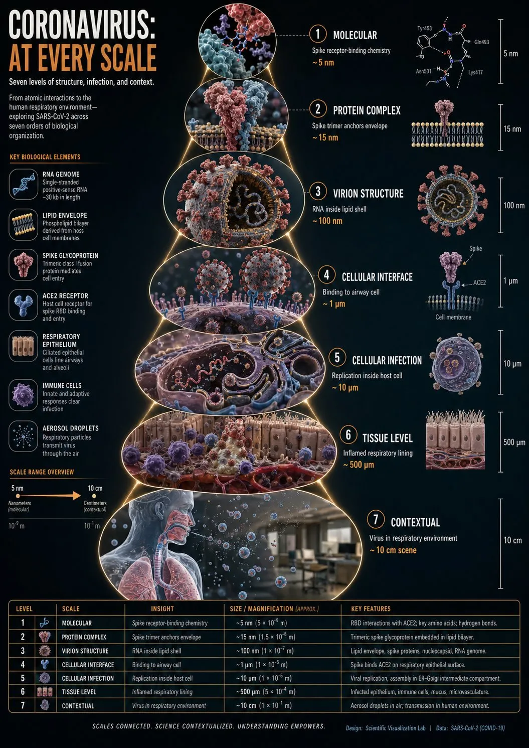Scientific Zoom-Sequence Coronavirus Infographic - Storyboard, Design, Photography - AI Generated Image