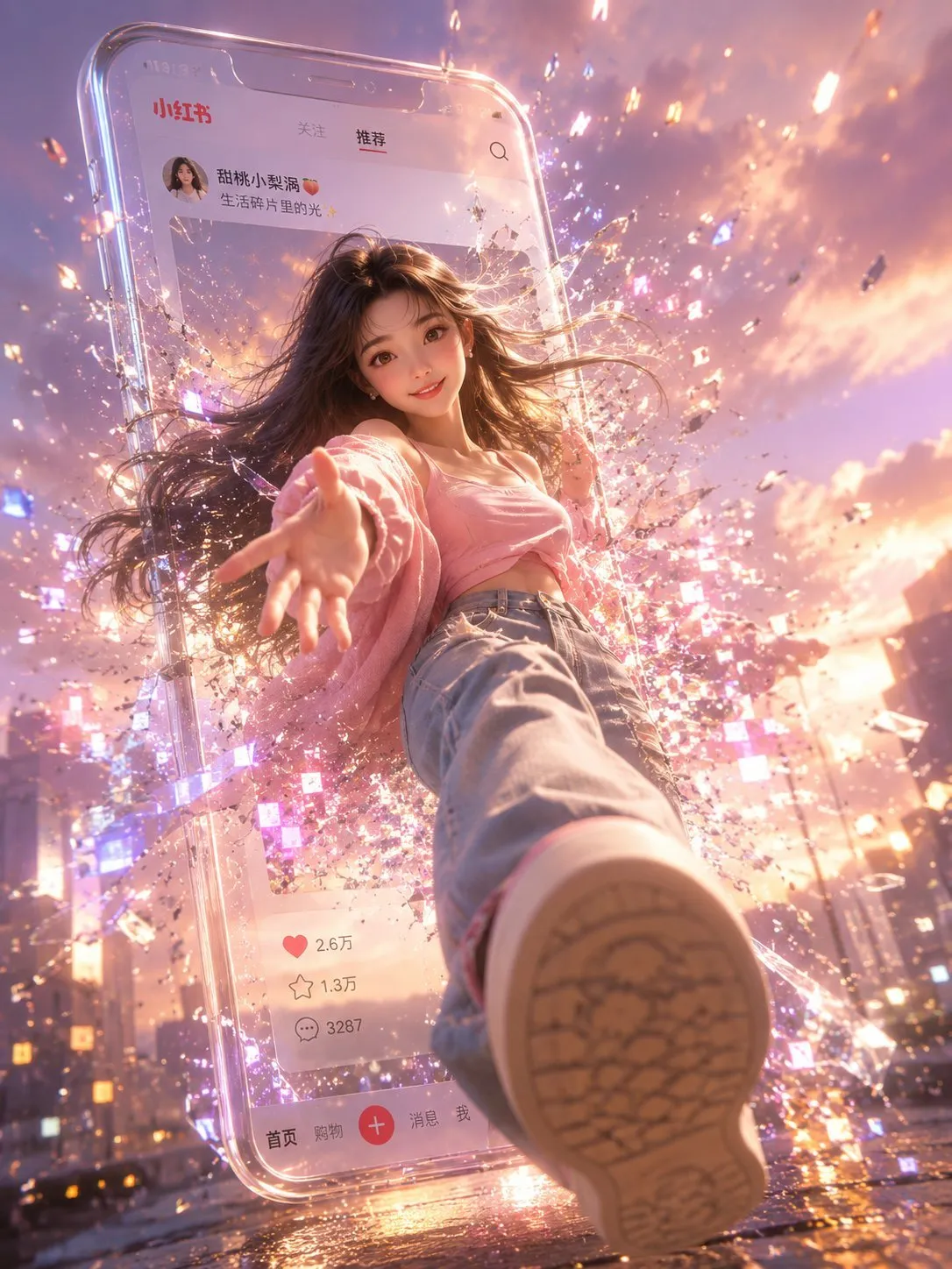 Dreamy 3D Girl Breaking Through Phone Screen - Portrait, Storyboard, Landscape - AI Generated Image