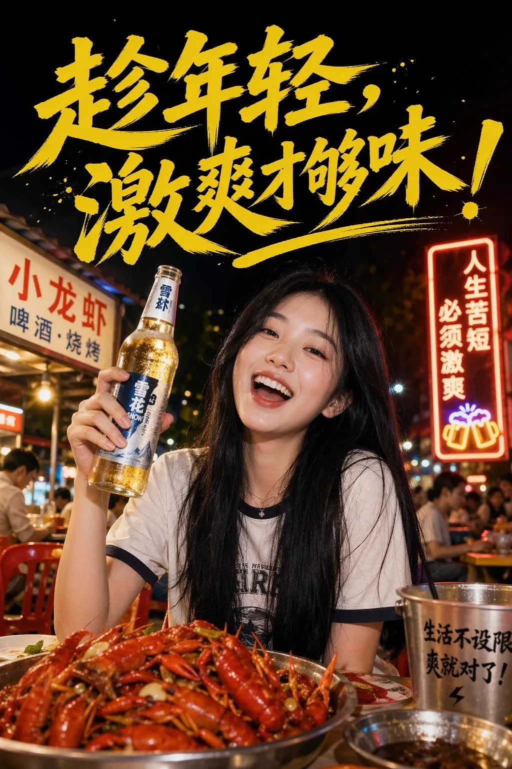 Vibrant Night Food Stall Beer Portrait - Portrait, Landscape, Typography - AI Generated Image