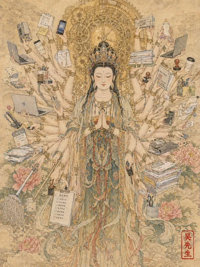 Modern Multi-tasking Guanyin Gongbi Painting - Food, Art, Portrait - AI Generated Image