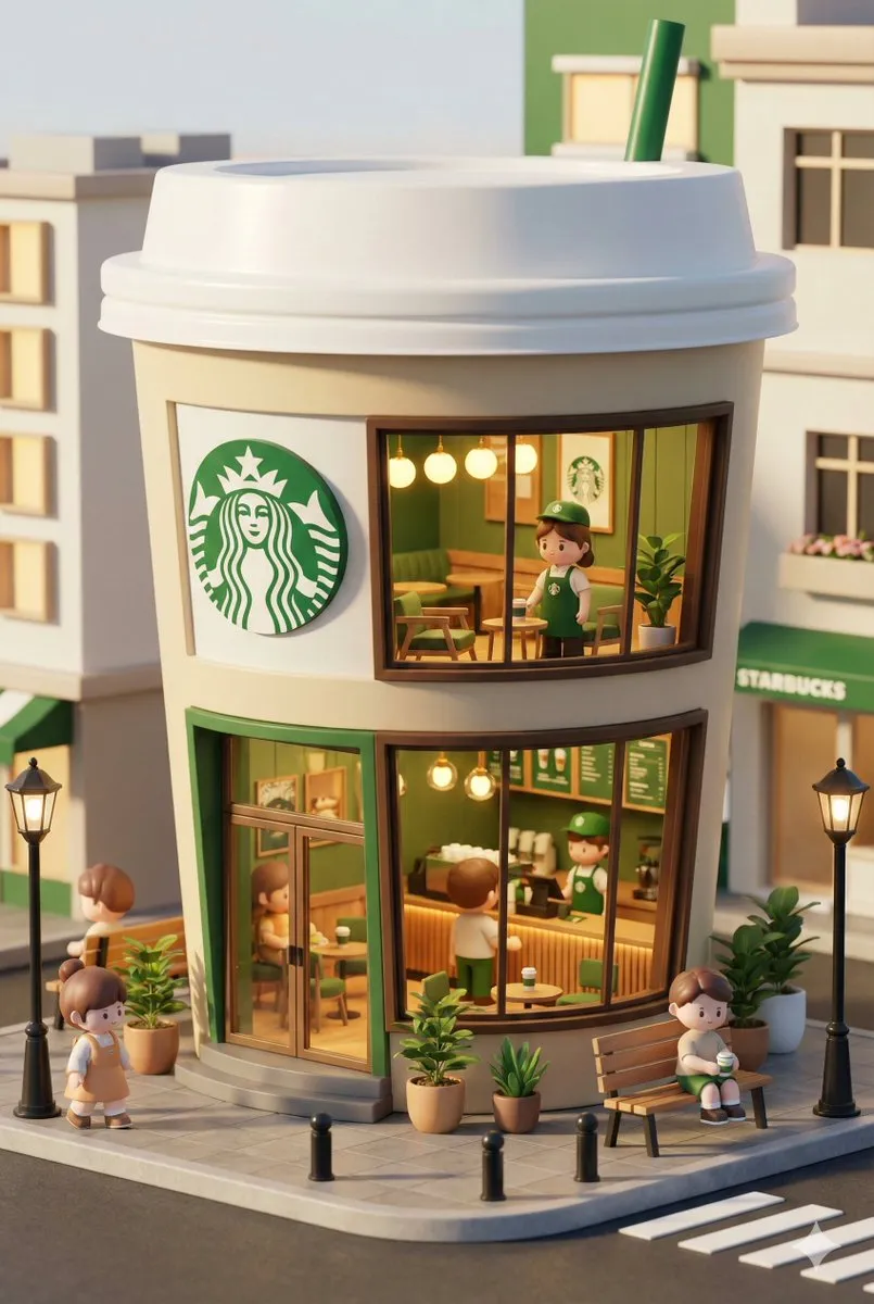 3D Render: Whimsical Miniature Starbucks Coffee Shop Scene - 3D, Miniature - AI Generated Image