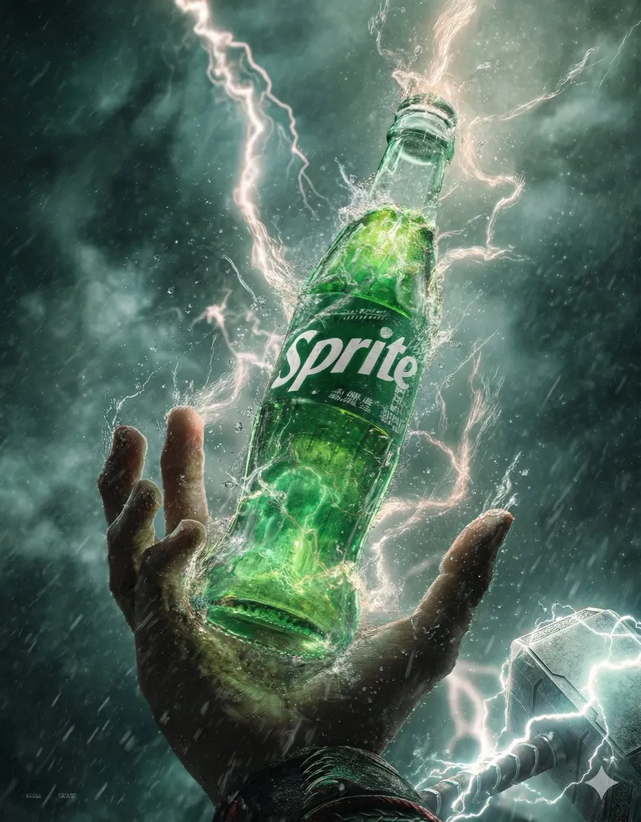 Thor's Hand Grips Electrified Sprite Bottle in Storm - Product, Photography - AI Generated Image