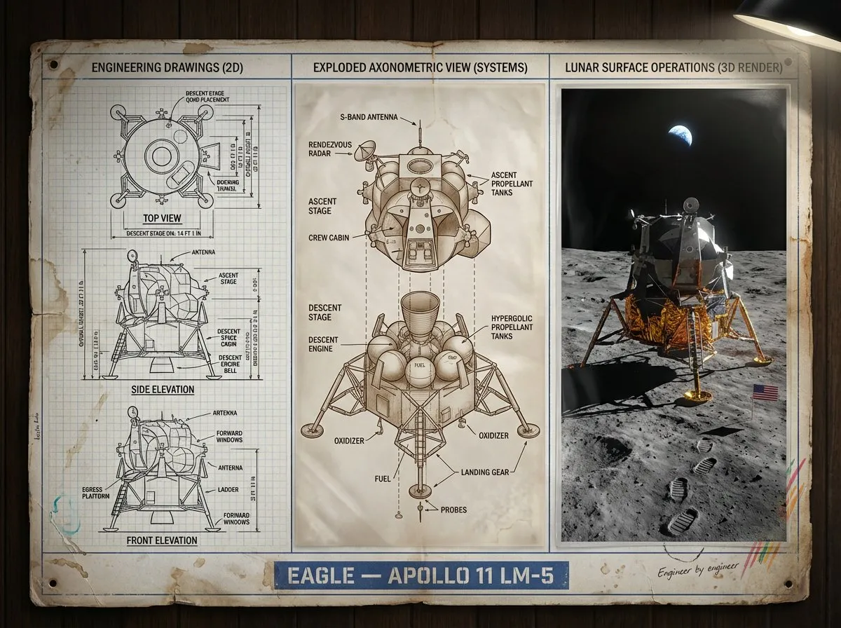 Apollo 11 Lunar Module LM-5 Eagle Blueprint & Moon Render - Vintage, Retro - AI Generated Image